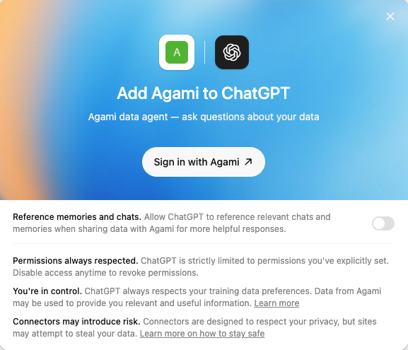 ChatGPT's Add Agami connect prompt with a Sign in with Agami button