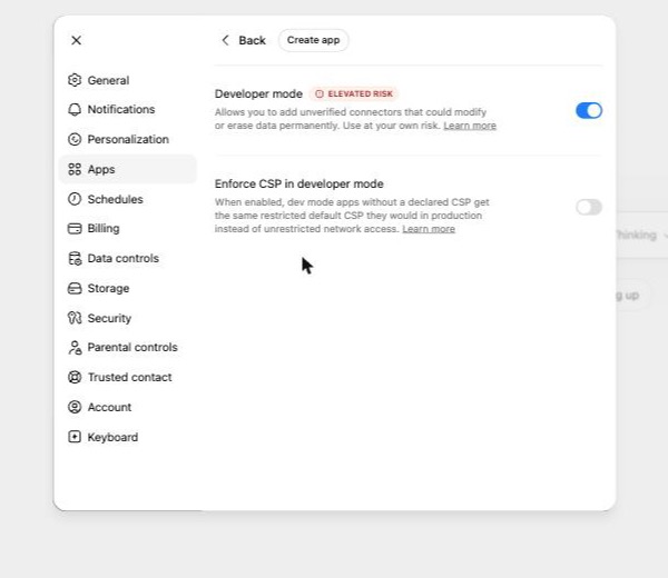 Turning on developer mode in ChatGPT under Settings, Apps, Advanced settings