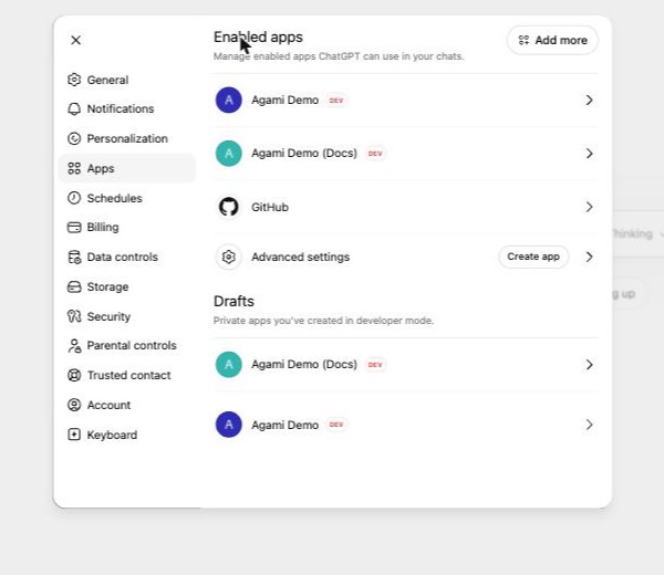 The Agami Demo connector enabled in ChatGPT's apps list