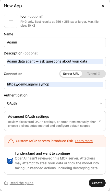 ChatGPT's New App dialog with the Agami name, the demo MCP server URL, and OAuth authentication