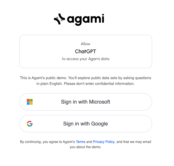 The Agami sign-in screen for ChatGPT, where you sign in with Google or Microsoft