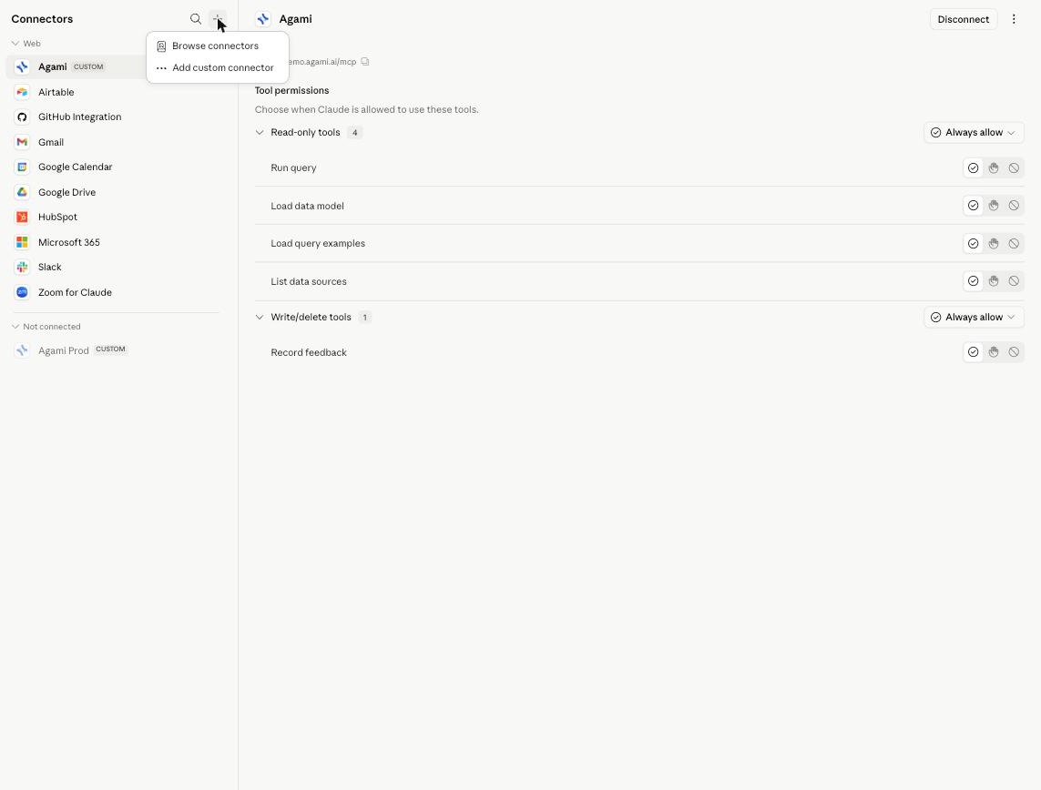 Agami connected in Claude, showing its read-only tools (run query, load data model, load query examples, list data sources) and one write tool (record feedback)