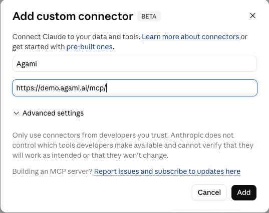 Adding the Agami custom connector in Claude, with the demo MCP URL