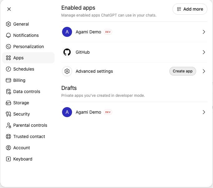 Agami Demo shown in the ChatGPT enabled apps list