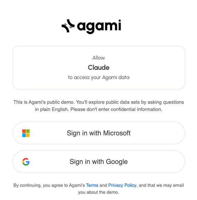 Signing in to the Agami demo from Claude